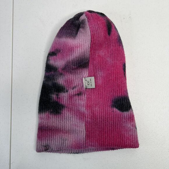 C.C Exclusive Adult Pink Tie Dye Beanie Cuffed Skull Cap Rubber Patch Heavy Knit - Picture 8 of 10